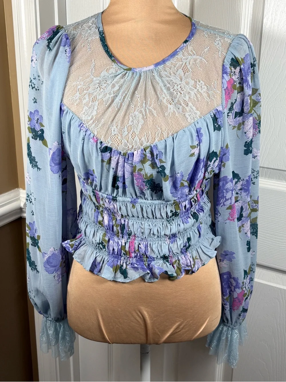 Free People Daphne Blouse in Silver Blue Combo Floral Lace Small NWT